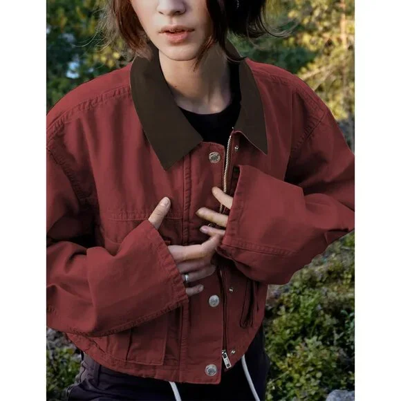Women's Red Cropped Contrast Collar Utility Coat Cargo Jacket Imported - Picture 2 of 6